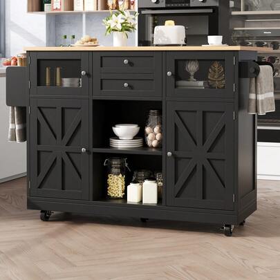 Kitchen Island, Dining Trolley With Countertop, Buffet Unit, Dining Trolley With Wood Grain, Side Towel Rack, Three-Dimensional Cabinet Doors With Wheels, Adjustable Partitions, Black