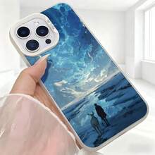 Cubierta de telefono con diseño de paisaje invernal azul con ciervo y figura humana para iPhone 14 Pro Max protector resistente a golpes con estampado artístico ideal para uso diario en cafeterías y exteriores - Negro - Ver 5