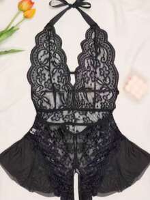 女士蕾丝连体衣 - 性感露裆内衣 - 黑色 - 查看 4