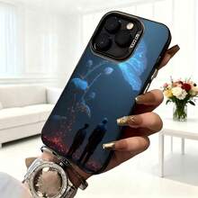 Cubierta de teléfono con diseño de flores luminosas y siluetas en azul oscuro para iPhone 14 Pro Max protector de pantalla con estética mágica ideal para uso diario en cafeterías y salidas urbanas - Negro - Ver 6