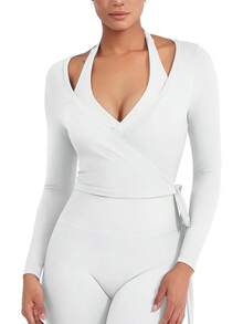 YEOREO Top de Pilates para Mujeres, Manga Larga, Atado, Ballet, Entrenamiento, Yoga, Camiseta Michelie Y2K, Cuello en V, Tops Cortos - Blanco - Ver 2