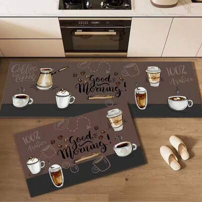  Tapetes de cozinha, conjunto de 2peças, tamanhos 38x58 cm e 38x118 cm respectivamente-Padrão de café-IDee Home