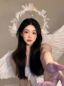 一套白色天使仙女翅膀羽毛双层发带套装，节日派对服装配饰，女士服装套装道具，发饰，舞台表演服装道具，情人节派对角色扮演婚礼羽毛翅膀道具 - 彩色 - 查看 3