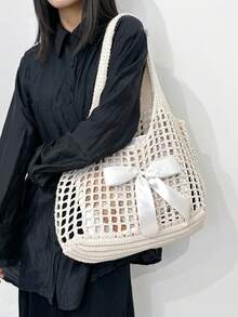 BAIZE Lightweight Casual Hollow Beach Bag,White Bag Woven Shopping Crochet Tote Bag, Large Capacity Handbag, Suitable For Travel, Outdoor And School.Travel Essentials,Holiday Essentials,Multifunctional Kitchen Storage Lunch Bag, Suitable For Beach Vacation Or Easy Carrying, Elegant Wedding Season