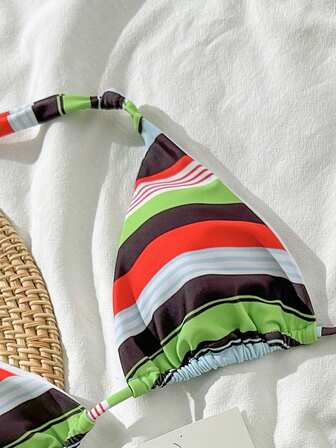 2 piezas Traje de baño tipo bikini con cordones y perlas, unicolor, casual, lindo, elegante y sexy, para playa y resort, primavera/verano