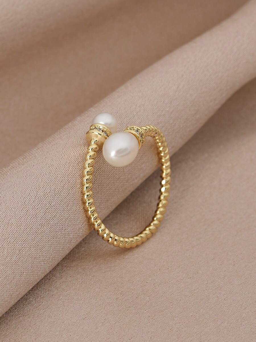 1 pièce Bague ouverte réglable plaquée or 18 carats avec perle naturelle et zircone cubique pour femmes
