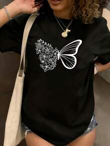 Flower Butterfly Women's Plus Size T-Shirt Shirt Casual 220g Funny Oversized Graphic Short Sleeve 1 Pcs Tee Novelty Crew Neck Top 100% Polyester - 黑色 - 查看 1