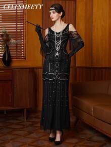 Plus Size Women's Open Shoulder 1920s Vintage Formal Gown, Long Evening Dress For Party, Wedding, Bridesmaid Black Fall - Black - View 4