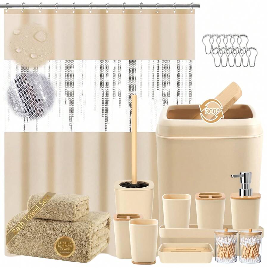 YESagoodShop Bathroom Set Black Trash Can  9 Piece Decor Toothbrush Holder Cup Lotion Dispenser Tray Soap Dish Toilet Brush Qtip 1763699629789 - 浴室套裝+浴簾+毛巾套裝 - 查看 1