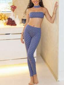 DOUCIU 时尚波点印花露背上衣和裤子性感两件套派对装 - 藍色 - 查看 6