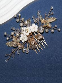 1件装女士优雅手工金属叶片粘土花朵配仿珍珠发梳，新娘婚礼派对发饰，发髻延长发饰，发型发夹，头部饰品，女士发饰 - 彩色 - 查看 7