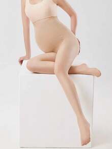 1 Pc Maternity Beige Pantyhose - Fashionable Minimalist Casual, Lightweight Breathable, With Adjustable Elastic Waistband