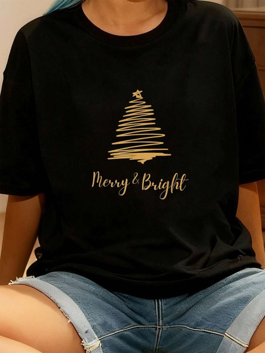 Fröhliche & Leuchtende Weihnachten Feiertag Gold Frohe Weihnachten Baum T-Shirt Grafik T-Shirts Frauen Crop Tops Sommer Outfits für Frauen Sommer Tops T-Shirt - Schwarz - Übersicht 1