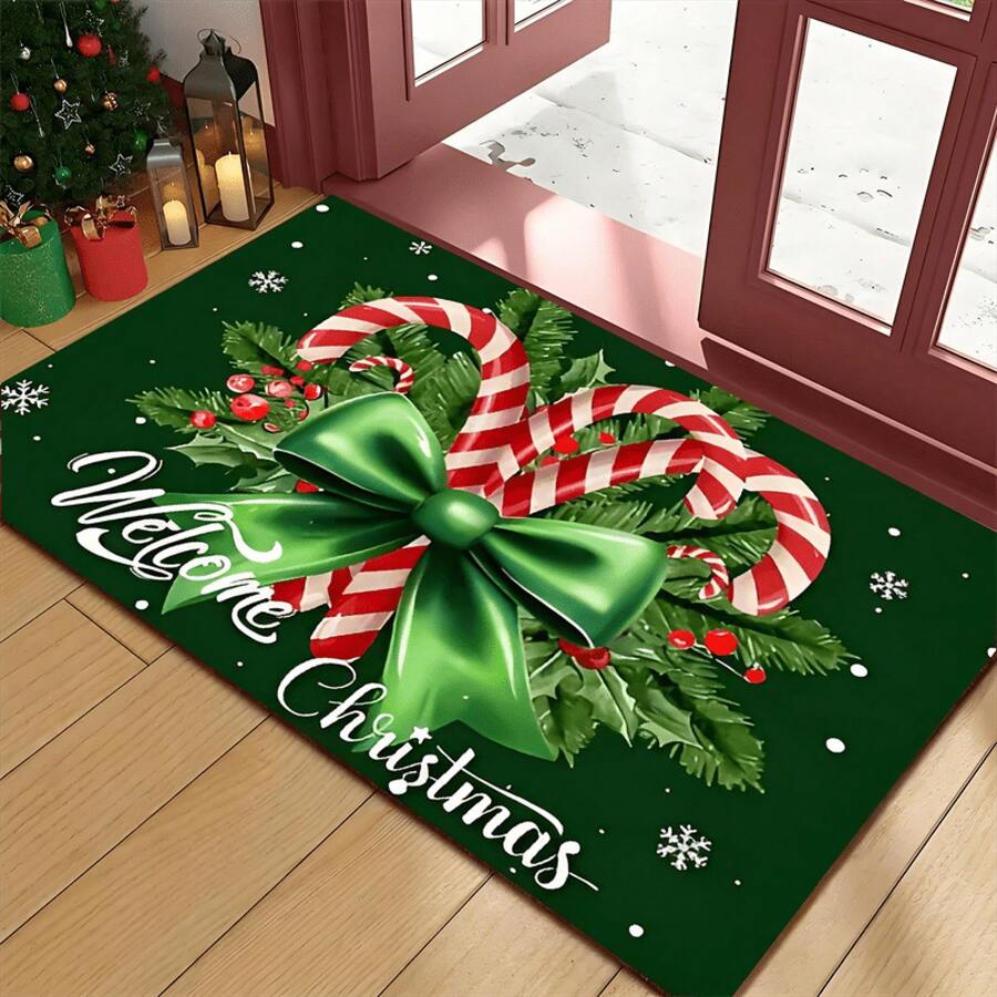 Holiday Christmas Welcome Doormat With Sugar Cane And Holly Design - Low Pile, Machine Washable Flannel Mat, Suitable For Entrance, Living Room, Kitchen, And Laundry Room - Perfect Holiday Gift, Christmas Doormat - Black - View 1