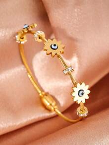 1pc Stainless Steel Gold Bangle Bracelet With Lucky Blue Evil Eye Charm, Fashionable Jewelry For Men And Women - Gold - View 2