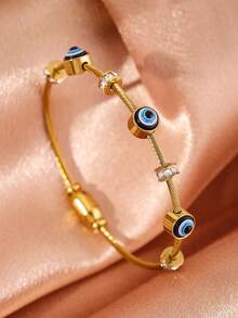 1pc Stainless Steel Gold Bangle Bracelet With Lucky Blue Evil Eye Charm, Fashionable Jewelry For Men And Women - Gold - View 5