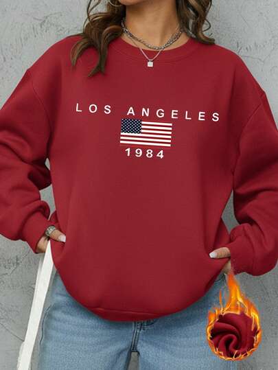 女士天鹅绒圆领卫衣，运动风，饰有美国国旗图案。适合聚会、运动、户外休闲等场合，此款为秋冬款。