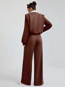 Women's Casual Business Sweetheart Neck Long Sleeve Top And Loose Straight Leg Pocket Pants 2 Pieces Set, Autumn/Winter - Coffee Brown - View 2