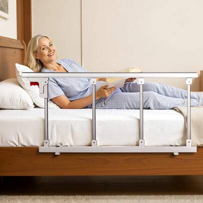 Foldable Bed Rail For Elderly, 38 In Bedside Assist Rail With Fixing Strap, Adjustable Height Pipe Bedside Cane, High-Strength Metal Senior Bed Bar, Hand Guard Grab Fits King, Queen, Full, Twin
