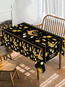 1件斋月涤纶桌布，饰有金色月亮、灯笼和星星图案，适用于斋月装饰、开斋节家居、厨房、餐厅、室内外餐桌装饰、宰牲节庆祝活动用品以及伊斯兰斋月家居装饰。 - 彩色 - 查看 6