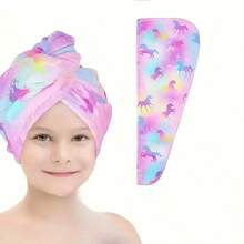 1pc Girls' Ultra-Fine Fiber Hair Drying Towel, Quick Dry, Button Closure, Suitable For Wet Hair, Dark Unicorn Pattern - Multicolor - View 14