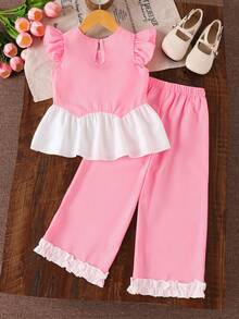 2pcs/Set, Girls Cute Floral Decor Patchwork Ruffle Hem Top With Round Neck And Flutter Sleeves + Comfortable Loose Pants, Suitable For Girls Daily Or Outdoor Wear, Spring/Summer - Pink - View 2