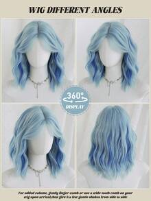 1 PC Short Wavy Highlight Bule Wigs For Women 14 Inch Shoulder Length Bob Curly Wavy Middle Part Wigs , Natural Synthetic Heat-Resistant Fiber Hair For Daily Or School,Use, Perfect For Holidays Music Festivals Celebrations, Sakura Celebration,Graduation Gift & Gift For Friend's Wig Accessory - Blue - View 4