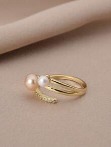 1pc 18K Gold Plated Natural Freshwater Pearl & Cubic Zirconia Adjustable Open Ring For Women - Multicolor - View 3