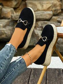 1 Pair Women's New Thick Sole Slip-On Casual Shoes, High Vamp Outdoor Comfortable Metal Buckle Fashion Versatile, Autumn/Winter - Black - View 3