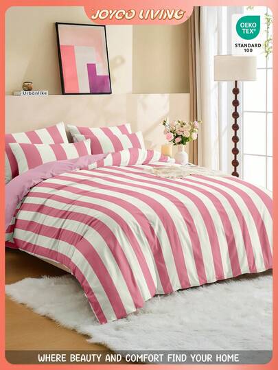 Juego de funda nórdica de 2/3 piezas, ropa de cama, con estampado de rayas rosa y blanco, juego de ropa de cama cómodo y transpirable, suave y sin arrugas para un mejor sueño, estilo de hotel de lujo, estilo minimalista lindo, juego de funda de edredón, textil para el hogar, disponible en múltiples tamaños, no incluye el edredón, funda nórdica*1 funda de almohada*1/2, tamaño King, Queen, Full, Twin.