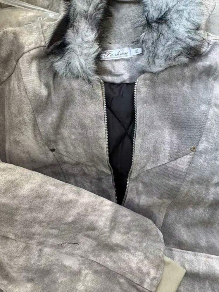 New For 2026: Hooded, Fur-Collared, Padded Coat For Couples, Unisex, Tie-Dye, Thick, Warm Outerwear, Cold Weather, Versatile, Cotton Jacket, Unisex Down Jacket, Plain, Casual, Fuzzy, Zipper, Pockets, Perfect For Everyday Wear - Light Grey - View 11