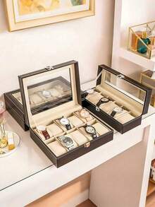 1pc Luxury Large Capacity Watch Storage Box, Watch & Bracelet Display Stand, Watch Case, Unisex, For Mechanical & Electronic Watches. Elegant Black PU Leather Watch Box With Dividers - Holds Watches, Perfect Gift Display Box. PU Leather Watch Box, Watch Storage Case, Watch Display Box, Home Organization, PU Leather 12 Grids Watch Box, Jewelry Display Box, Unisex Watch Storage Box, Travel Storage Box. With Safety Dividers, Perfect Gift Display Box, Desktop Organizer - Multicolor - View 2