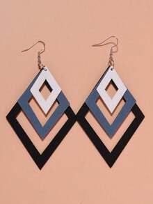 1 Pair Multi-Piece Rhombus Gradient Wood Dangle Earrings, Exaggerated Shoulder-Sweeping Retro Unique Style For Women - Black and White - View 8