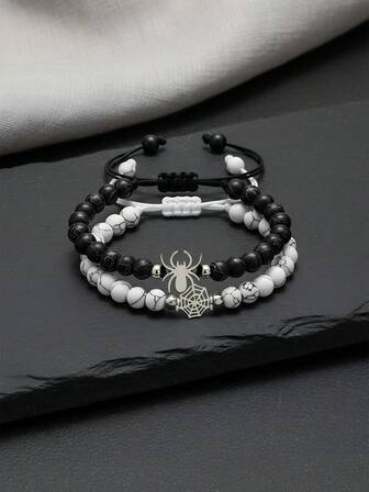 ZIRUISP 2 pulseras de pareja con diseño de telaraña, adecuadas tanto para hombres como para mujeres, joyería de estilo gótico punk Y2K, regalo de y promesa con cuentas negras y blancas