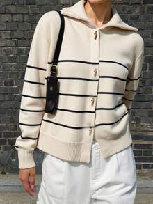 DAZY Contrast Color Striped High Neck Long Sleeve Loose Cardigan With Horn Buttons For Women,Fall Women Clothes - Apricot - View 5