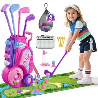 Toddler Golf Set 2-4 Years, Kids Golf Club With 8 Balls, 4 Plastic Clubs, Putting Mat, Scoreboard, Storage Bag, Indoor Outdoor Game With Golf Cart Sport Toy Gift For Baby Boys Girls Age 3-5,Pink