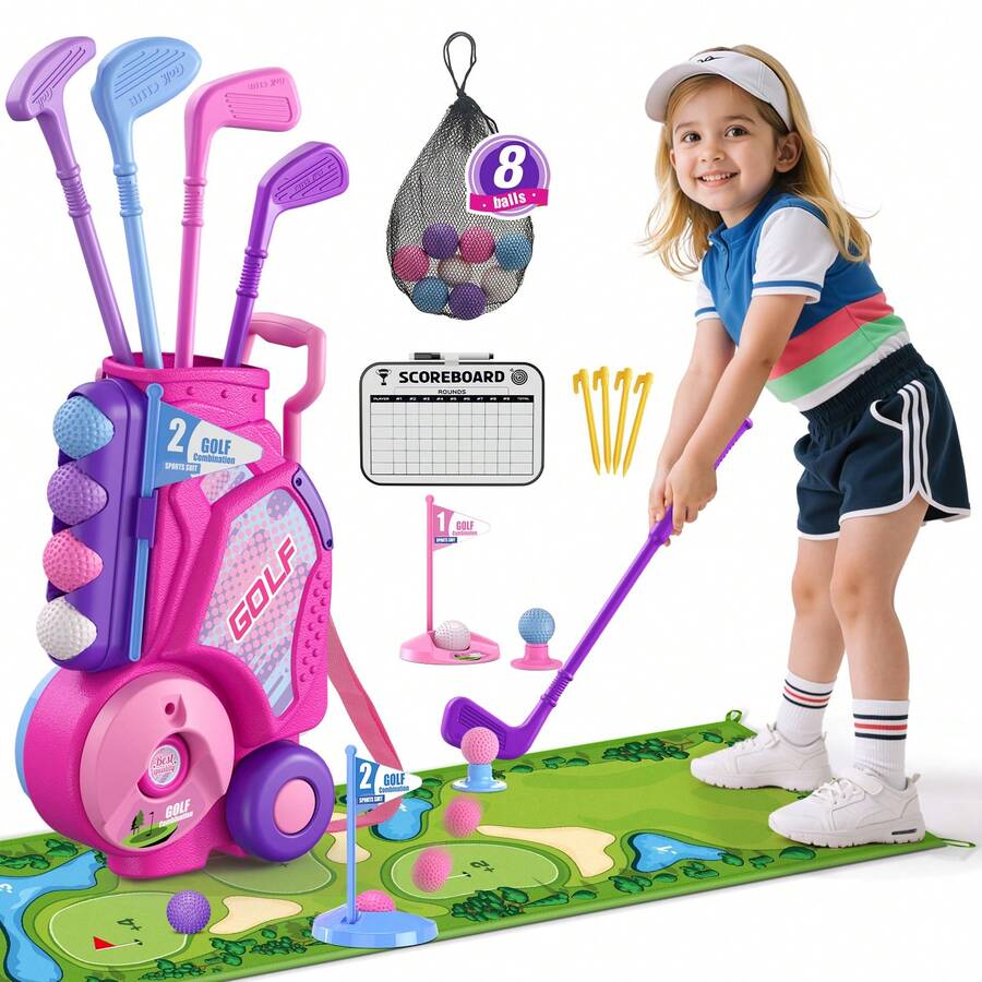 Toddler Golf Set 2-4 Years, Kids Golf Club With 8 Balls, 4 Plastic Clubs, Putting Mat, Scoreboard, Storage Bag, Indoor Outdoor Game With Golf Cart Sport Toy Gift For Baby Boys Girls Age 3-5,Pink - Pink - View 1