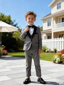 3pcs Boys Suit Set, New Flower Boy Wedding Formal Outfit, Performance Wear For Toddler, Little & Big Kids, Includes Blazer, Pants, Bow Tie - Grey - View 7