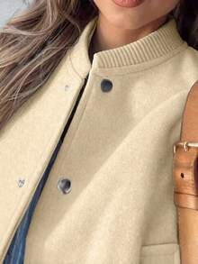 Women's Baseball Jacket Bomber Jacket Street Style Round Neck Button Cardigan Coat, Autumn/Winter - Beige - View 4