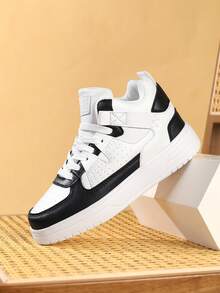 Cute And Casual All-Season Non-Slip Comfortable Versatile Wear-Resistant Lightweight High-Top Flat Shoes For Boys And Girls, Suitable For School, Running, And Sports. - Đen và trắng - Xem 2
