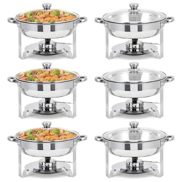 mteryoing Commercial 5QT Round Chafing Dish Set, 2/4/6 Pack Stainless Steel Chafing Dish Buffet Set With Glass Lids, Fuel Holder And Food & Water Pan, Chafers And Buffet Warmer Sets For Weddings Parties