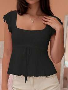 Women's Solid Color Cropped Square Neck Top With Bow Tie, Ruffle Cuffs, Flared Hem, And Slim Fit, Y2K Cute Style And French Elegant Style, Simple Versatile Design, Perfect For Everyday Outings, Street Style Photos, City Walks, Cafe Dates, Concerts, And Valentine's Day Outfits - 黑色 - 查看 4