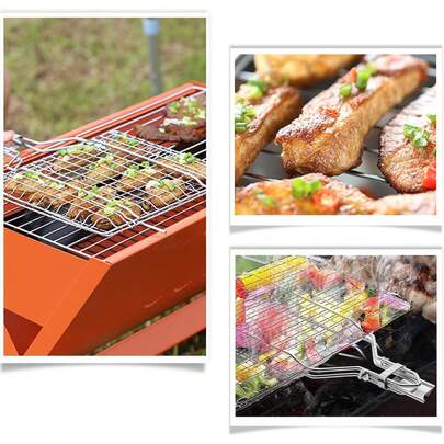 Cesta Plegable Grande para Parrilla, Red de Barbacoa de Acero Inoxidable con Asa, Parrilla Portátil para Exteriores, para Pescado, Camarones, Verduras, Accesorio de Cocina-087