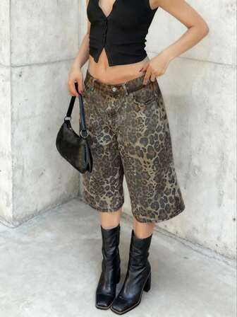 女式豹纹休闲牛仔口袋拉链纽扣七分裤，夏季日常穿着