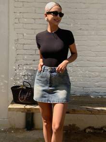 Livesso 女士牛仔短裙裤，带隐藏式前袋，休闲款，短裙裤 - 藍色 - 查看 4