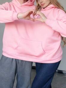 闺蜜/情侣必备，女士独特长袖连帽卫衣，双帽设计，宽松版型，长款，均码，适合秋冬季节，休闲/简约/Y2K/办公/可爱风格，日常、度假、上学、居家、街头皆宜。 - 粉色 - 查看 4