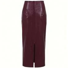 Women's PU Leather Skirt, Fashionable Commuter Zipper Slit French Elegant Fitted Maxi Skirt