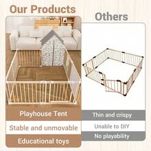 Baby Playpen Wooden Playpen For Babies And Toddlers Foldable Fence With Playhouse Tent Montessori Activity Panel Storage Basket Gate Portable Easy To Assemble Baby Play Pen Natural Wood Playyard - 彩色 - 查看 7