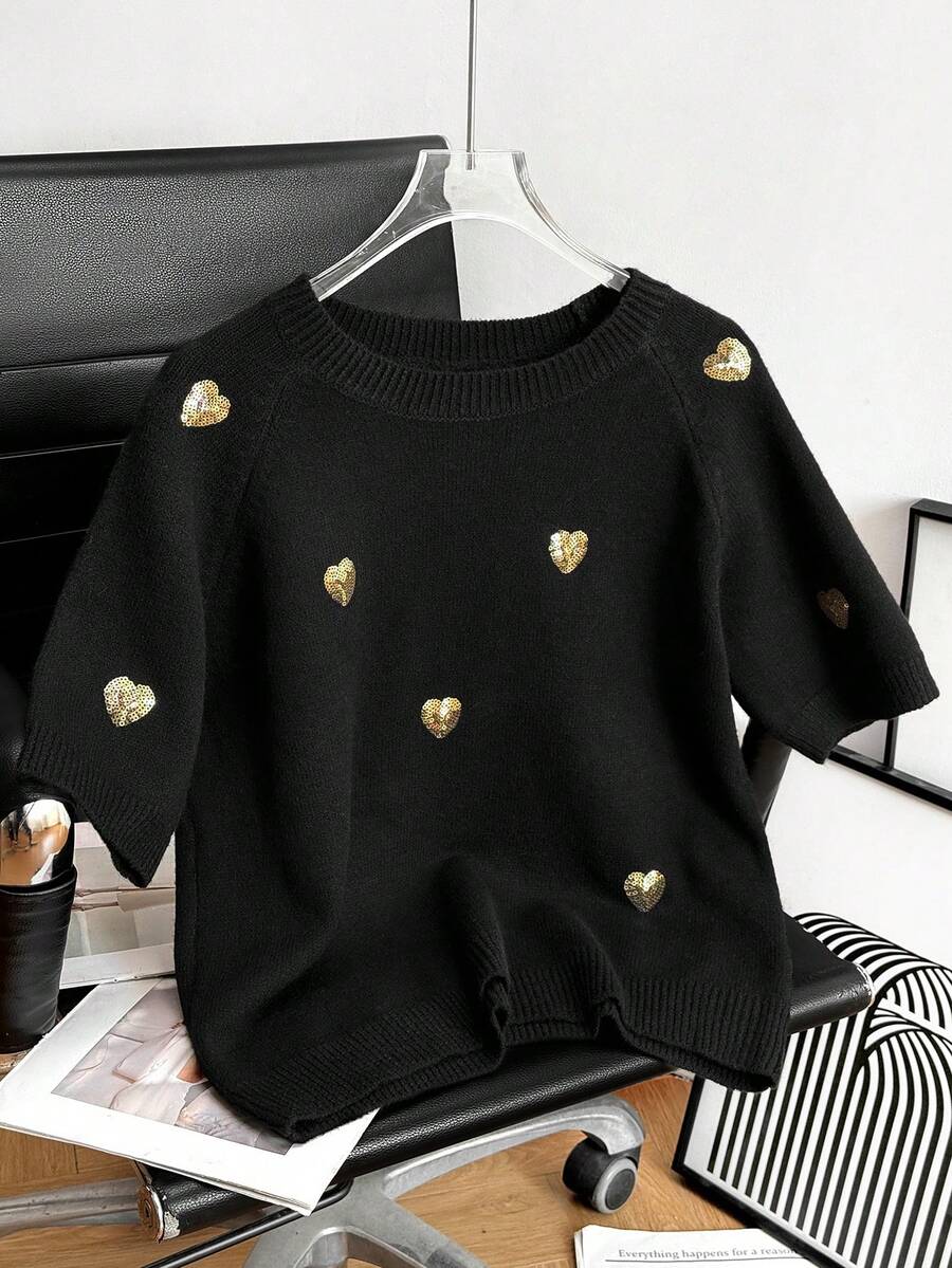 Women's Casual Loose-Fit Sweater, Round Neck Embroidered Heart Pattern, Plain Design, All-Season Wear, Fashionable & Versatile,Sequin,Elegant - Black - View 1