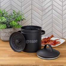 AuldHome Design Enamelware Grease Container W_Strainer (Black), Farmhouse Style Kitchen StorageTin, Labeled Grease - ColorB - 查看 2